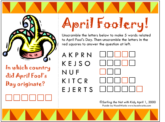 April Fools' Day Printable Word Scramble » Games » Surfnetkids